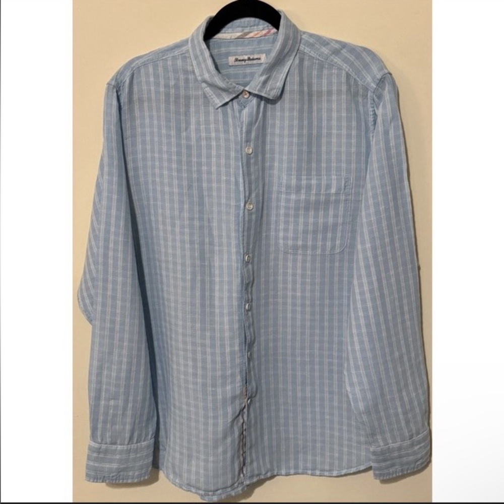 Tommy Bahama Mens Large ~ Blue White Striped Linen Button Down Shirt